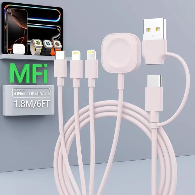 Main image of 4 in 2 Travel Multi Charging Cable for  Watch Charger (6FT/1.8M) Universal Chargers for All Devices Travel Essentials Compatible with  iPhone Android Phone and iWatch iPad AirPods(Pink)