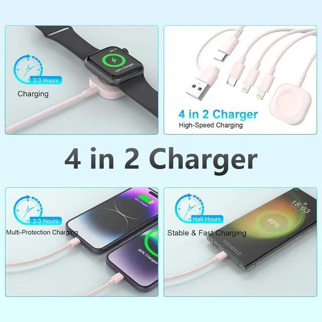 Alt view image 3 of 7 - 4 in 2 Travel Multi Charging Cable for  Watch Charger (6FT/1.8M) Universal Chargers for All Devices Travel Essentials Compatible with  iPhone Android Phone and iWatch iPad AirPods(Pink)