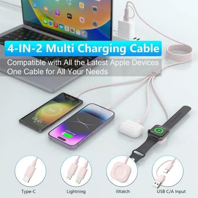 Alt view image 2 of 7 - 4 in 2 Travel Multi Charging Cable for  Watch Charger (6FT/1.8M) Universal Chargers for All Devices Travel Essentials Compatible with  iPhone Android Phone and iWatch iPad AirPods(Pink)