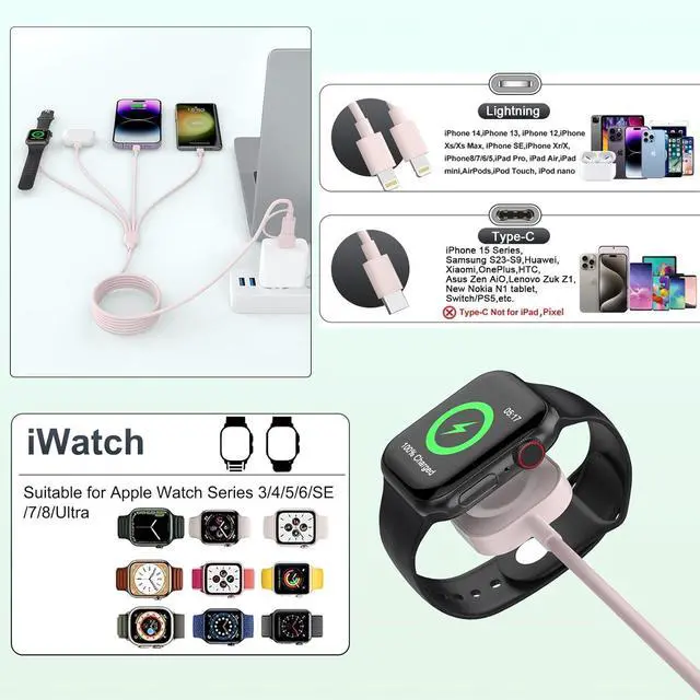Alt view image 4 of 7 - 4 in 2 Travel Multi Charging Cable for  Watch Charger (6FT/1.8M) Universal Chargers for All Devices Travel Essentials Compatible with  iPhone Android Phone and iWatch iPad AirPods(Pink)
