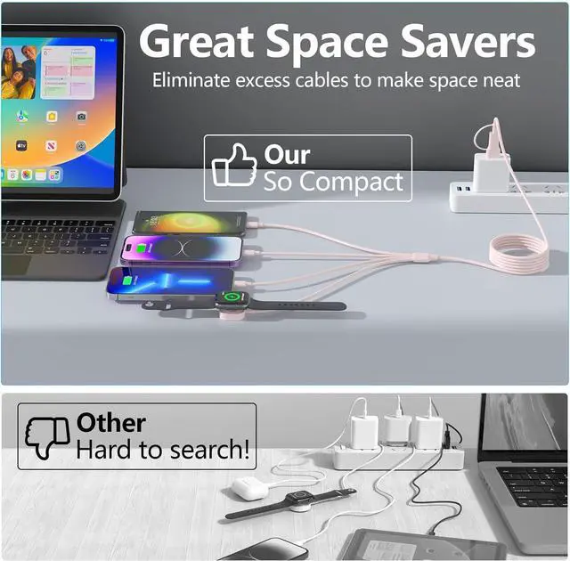 Alt view image 5 of 7 - 4 in 2 Travel Multi Charging Cable for  Watch Charger (6FT/1.8M) Universal Chargers for All Devices Travel Essentials Compatible with  iPhone Android Phone and iWatch iPad AirPods(Pink)