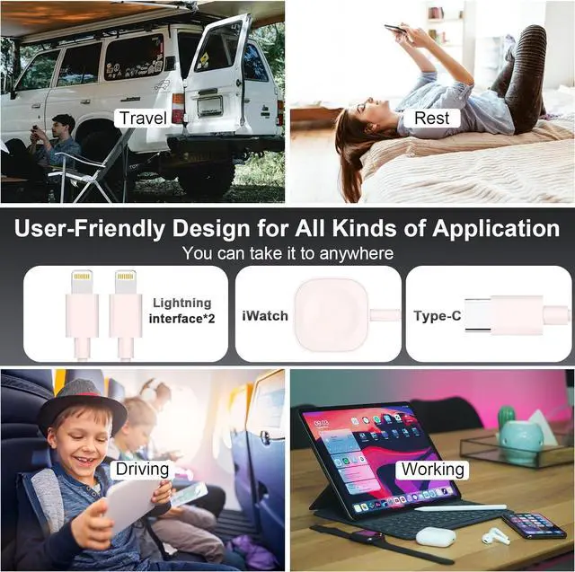 Alt view image 7 of 7 - 4 in 2 Travel Multi Charging Cable for  Watch Charger (6FT/1.8M) Universal Chargers for All Devices Travel Essentials Compatible with  iPhone Android Phone and iWatch iPad AirPods(Pink)