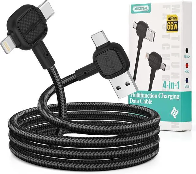 Main image of 4 in 1 Versatile Multifunction Charging Cable USB-A USB Type-C Lightning Cable 66W PD Fast Charging & 480Mbps Data Sync for iPhone iPad  and All Device 4FT Nylon Braided (Black)