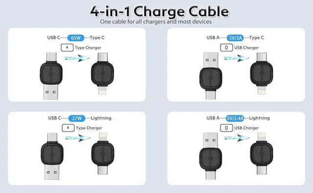 Alt view image 2 of 7 - 4 in 1 Versatile Multifunction Charging Cable USB-A USB Type-C Lightning Cable 66W PD Fast Charging & 480Mbps Data Sync for iPhone iPad  and All Device 4FT Nylon Braided (Black)