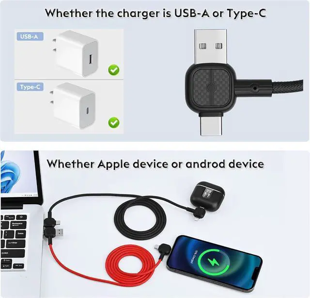 Alt view image 3 of 7 - 4 in 1 Versatile Multifunction Charging Cable USB-A USB Type-C Lightning Cable 66W PD Fast Charging & 480Mbps Data Sync for iPhone iPad  and All Device 4FT Nylon Braided (Black)
