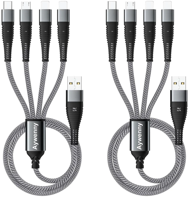 Main image of Multi Charging Cable 2Pack Nylon Braided Universal 4 in 1 Multiple USB Cable 3A,with Dual Phone/USB-C/Micro-USB Port Adapter,Compatible with Cell Phones Tablets Universal Use (Grey.)