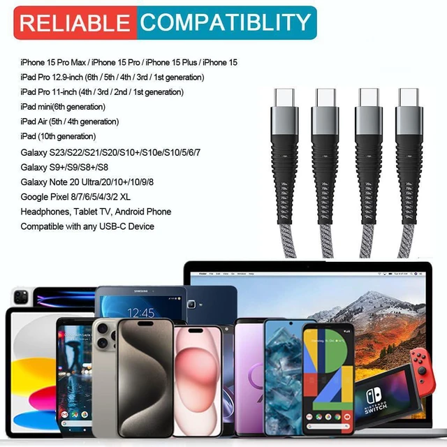 Alt view image 6 of 7 - Multi Charging Cable 2Pack Nylon Braided Universal 4 in 1 Multiple USB Cable 3A,with Dual Phone/USB-C/Micro-USB Port Adapter,Compatible with Cell Phones Tablets Universal Use (Grey.)