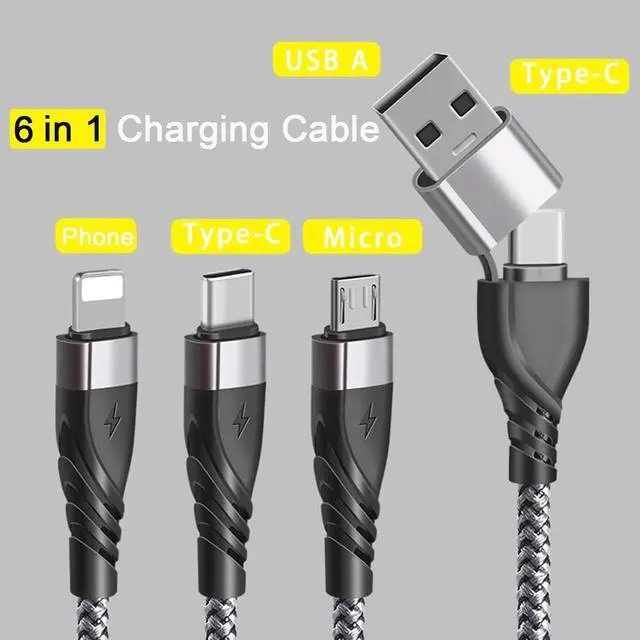 Alt view image 3 of 7 - Multi Charging Cable (2Pack 4FT) 6 in 1 USB A/C Charger Cable Nylon Braided Multiple USB Cable Universal Charging Cord with Type-C Micro USB and IP Port for Cell Phones Tablets and More