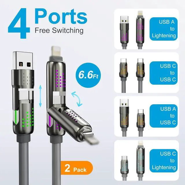 Alt view image 2 of 7 - 4 in 1 Charging Cable (6.6FT) MAX 240W Chubby Multi USB C Charging Cable with Light USB to USB C Fast Charging Cables for Multiple Devices iPhone 16 15 14 Pro Max/MacBook/iPad Pro Grey