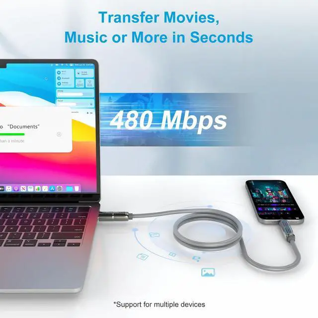 Alt view image 6 of 7 - 4 in 1 Charging Cable (6.6FT) MAX 240W Chubby Multi USB C Charging Cable with Light USB to USB C Fast Charging Cables for Multiple Devices iPhone 16 15 14 Pro Max/MacBook/iPad Pro Grey