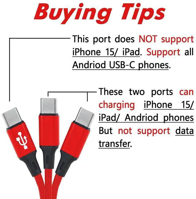 Alt view image 2 of 6 - Multi USB C Cable 0.6FT 2Pack 3 in 1 Multiple Type C Charging 3A Splitter USB-C Charging Red Nylon Cord USB C to 3 USB C Port Compatible with iPhone 15 iPad Pro  S23 Google Android Kindle
