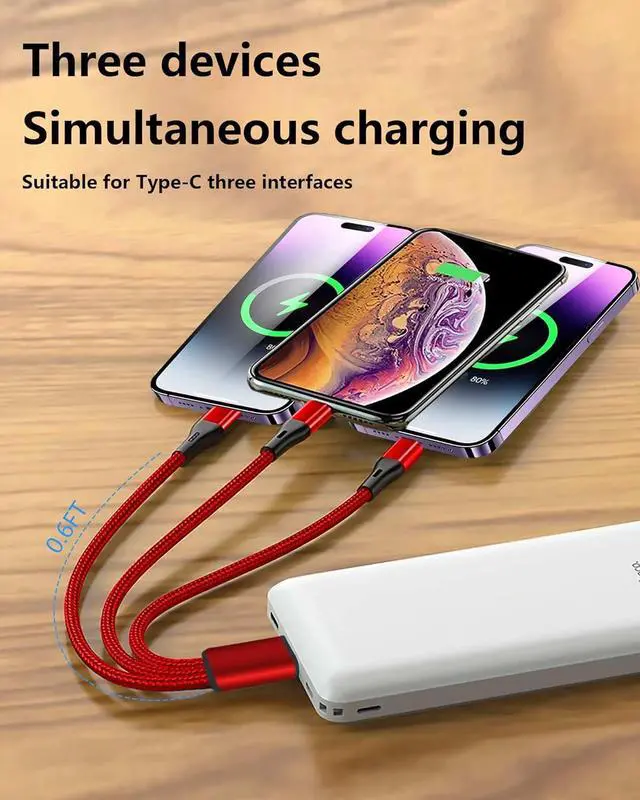 Alt view image 4 of 6 - Multi USB C Cable 0.6FT 2Pack 3 in 1 Multiple Type C Charging 3A Splitter USB-C Charging Red Nylon Cord USB C to 3 USB C Port Compatible with iPhone 15 iPad Pro  S23 Google Android Kindle
