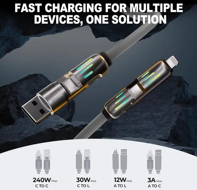 Alt view image 5 of 7 - 4-in-1 Fast Charging Cable 240W USB-A/C to Type-C 4-in-1 Universal Multi USB Charging Cable 240W Max Fast Charger Cord