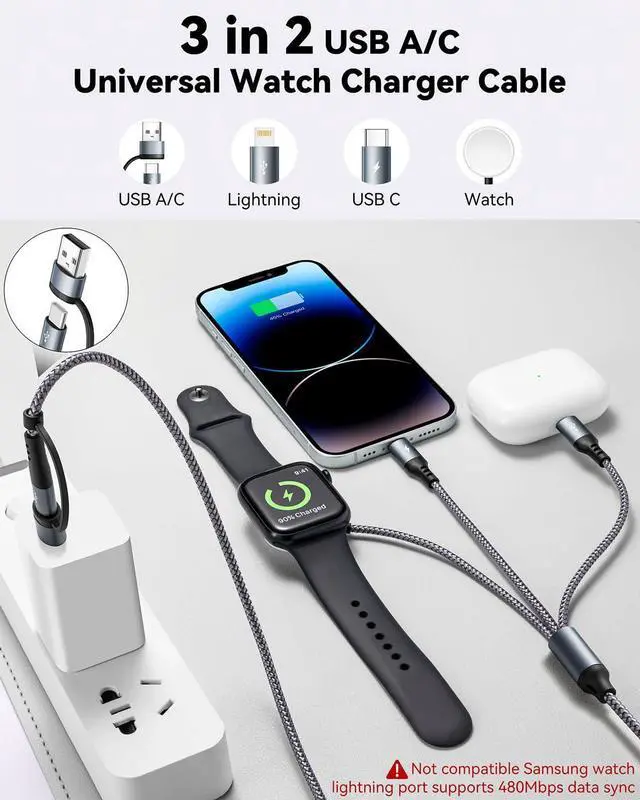 Alt view image 2 of 7 - Upgraded 3 in 2 Multi Charging Cable for iPhone & iWatch 4Ft Magnetic Wireless  Watch Charger USB C Cable Universal Travel Charger Nylon Braided for iWatch SE/9-1/& iPhone Series