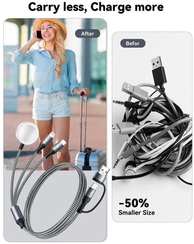 Alt view image 4 of 7 - Upgraded 3 in 2 Multi Charging Cable for iPhone & iWatch 4Ft Magnetic Wireless  Watch Charger USB C Cable Universal Travel Charger Nylon Braided for iWatch SE/9-1/& iPhone Series