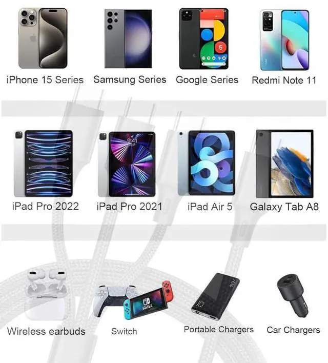Alt view image 7 of 7 - USB C Multi Charging Cable USB C to 3 USB Type-C Fast Charging Cord 3 in 1 for iPhone 16 15/  Galaxy/Tablets/ S23