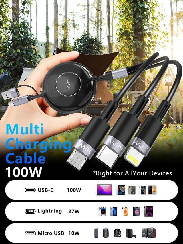 Alt view image 2 of 7 - 4FT Multi Charging Cable 100W Retractable USB C Multiple Charging Cable iPhone Fast Charging Cord 3-in-1 Multi Charger Adapter for iPhone 14 15 13 ipad Pixel  Universal Cable Travel Essentials