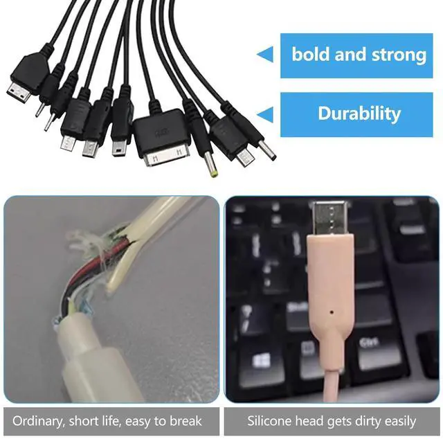 Alt view image 2 of 7 - 10 in 1 Multi Charging Cable Universal USB Charging Cable Universal Multiple Charging Cord Charging Cable with 10 Ports for Charging Cell Phones Speaker MP3 MP4 black