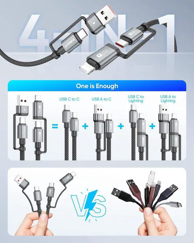 Alt view image 2 of 7 - 4 in 1 Charging Cable 3FT [2 Pack] 60W Multi Charging Cable USB-C/A to Lighting/C Cord for iPhone 16/15/14 Pro/iPad/MacBook/ Galaxy S25/S24/Tablets