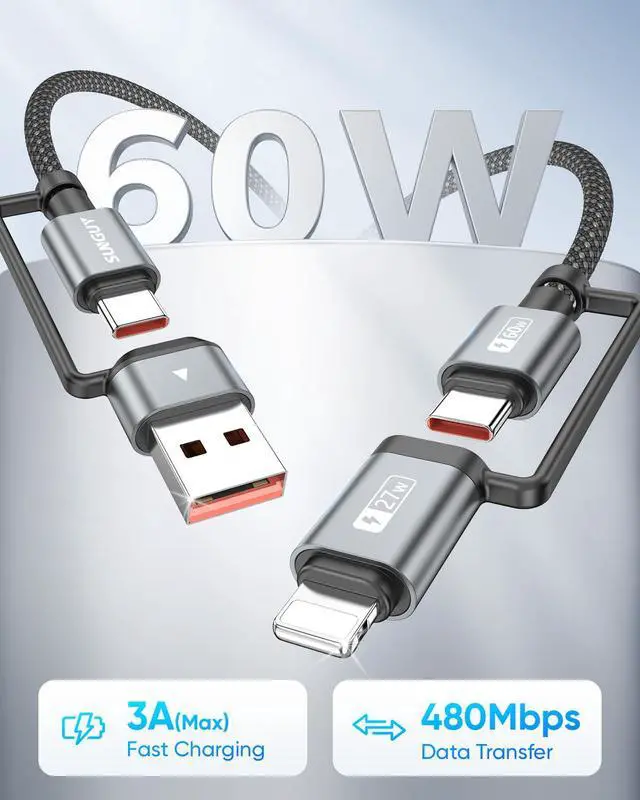 Alt view image 3 of 7 - 4 in 1 Charging Cable 3FT [2 Pack] 60W Multi Charging Cable USB-C/A to Lighting/C Cord for iPhone 16/15/14 Pro/iPad/MacBook/ Galaxy S25/S24/Tablets