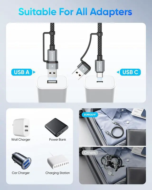 Alt view image 4 of 7 - 4 in 1 Charging Cable 3FT [2 Pack] 60W Multi Charging Cable USB-C/A to Lighting/C Cord for iPhone 16/15/14 Pro/iPad/MacBook/ Galaxy S25/S24/Tablets