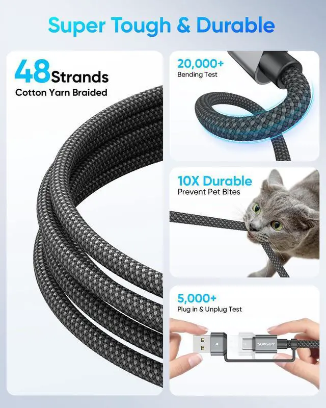 Alt view image 6 of 7 - 4 in 1 Charging Cable 3FT [2 Pack] 60W Multi Charging Cable USB-C/A to Lighting/C Cord for iPhone 16/15/14 Pro/iPad/MacBook/ Galaxy S25/S24/Tablets
