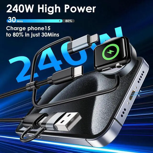 Alt view image 2 of 7 - 240W USB C to USB C Cable Charger 5 in 1 for  Watch Charger Travel Essentials Fast Charging Cable for iWatch iPhone 16/15/14/13 iPad MacBook  S24/S23+ Multi Chargers for All Devices-5FT