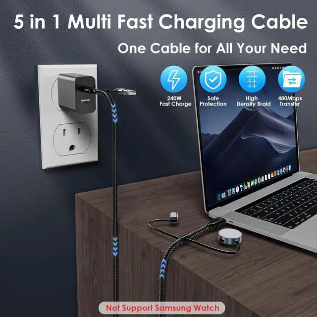 Alt view image 3 of 7 - 240W USB C to USB C Cable Charger 5 in 1 for  Watch Charger Travel Essentials Fast Charging Cable for iWatch iPhone 16/15/14/13 iPad MacBook  S24/S23+ Multi Chargers for All Devices-5FT
