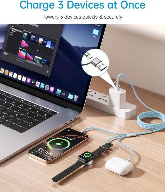 Alt view image 4 of 7 - for  Watch Charger 3 in 2 USB C Cable for iPhone Charger Multi Fast Charging Cable Cord Travel Essentials Compatible with iWatch Ultra/SE/10-1 & iPhone 16/15/14/Galaxy S25-22 iPad 4FT Blue
