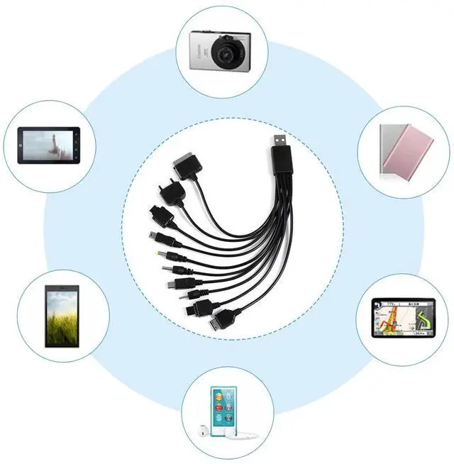 Alt view image 3 of 7 - 10 in 1 Multi Charging Cable Universal USB Charging Cable Universal Multiple Charging Cord Charging Cable with 10 Ports for Charging Cell Phones Speaker MP3 MP4 black