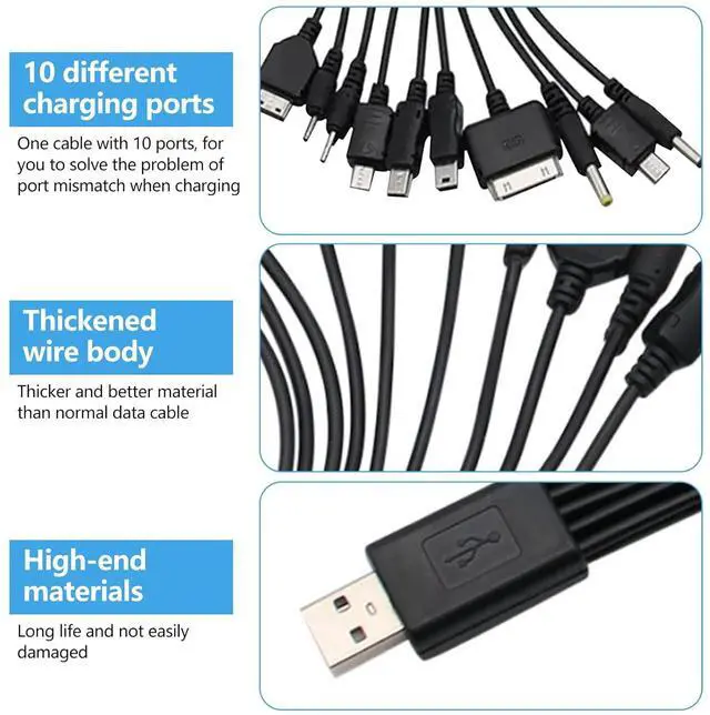 Alt view image 4 of 7 - 10 in 1 Multi Charging Cable Universal USB Charging Cable Universal Multiple Charging Cord Charging Cable with 10 Ports for Charging Cell Phones Speaker MP3 MP4 black