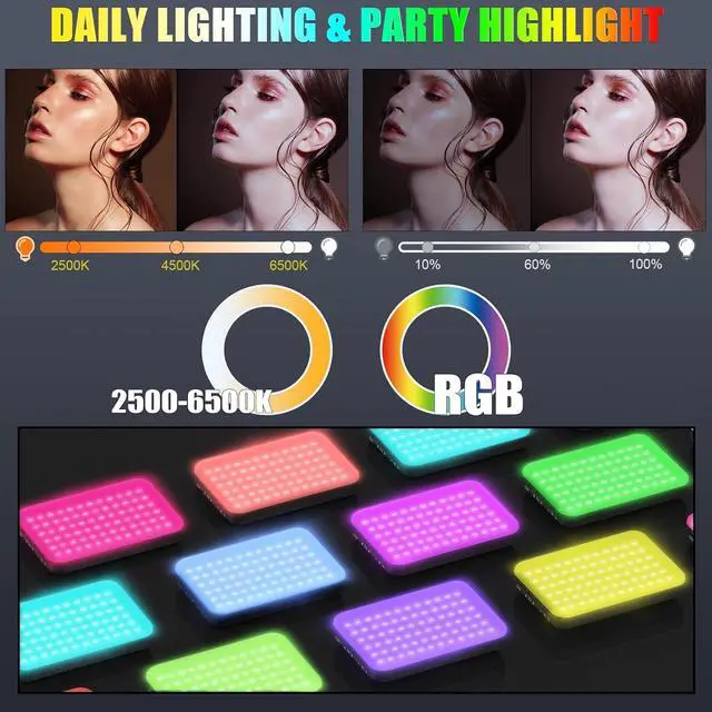 Alt view image 3 of 6 - 108 LED Video Light 2500K-6500K RGB Selfie Light for iPhone-CRI 97+ 2200mAh Camera Light with 3CCT/RGB 360° Full Color/20 Lighting Effects Portable Phone Light for Party Photography Streaming