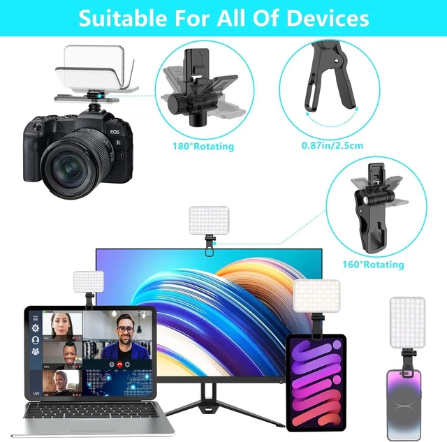 Alt view image 4 of 7 - Anautin 60 LED 2200mAh Rechargeable Selfie Light, 7 Modes, 10-Level Brightness, Portable Clip on Light for Phone/Tablet/Laptop, Zoom Call Vlog Makeup TikTok Video Fill Light