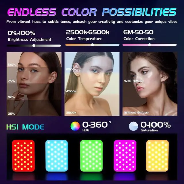 Alt view image 5 of 7 - RGB Light - USB-Rechargeable RGB Selfie Light with 97+ CRI 2500K-6500K 360° Full Color Video Light with 20 Lighting Effect for Party Video Live Streaming and Photography