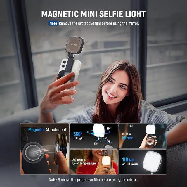 Alt view image 3 of 7 - BASICS Magnetic Selfie Light Compatible with MagSafe iPhone CRI95 700lx/0.3m Folding LED Phone Fill Ring Lighting with Mirror for Zoom Makeup Photography Recording Video Conference Black NL48B