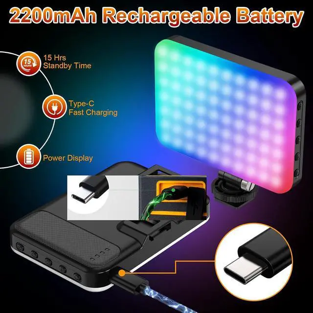 Alt view image 2 of 7 - RGB Video Light 360° Full Color Selfie Light LED Camera Light with 3 Cold Shoe Mounts/CRI 97+/20 Scene Modes/2200mAh Rechargeable Portable Phone Light Photography Selfie Lighting