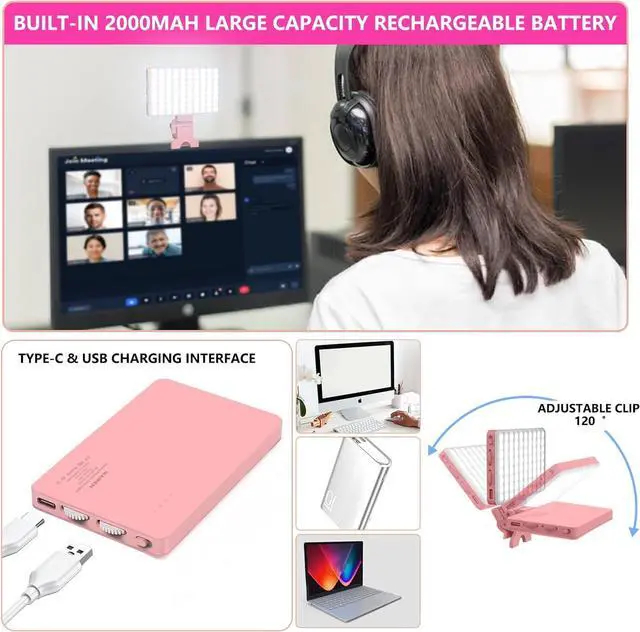 Alt view image 5 of 7 - Pink Selfie Light with Phone Clip 80led Portable Selfie Light with 3 Modes and Infinite Adjustment Modes 2000mah Rechargeable for Phone Laptop Makeup Live Stream