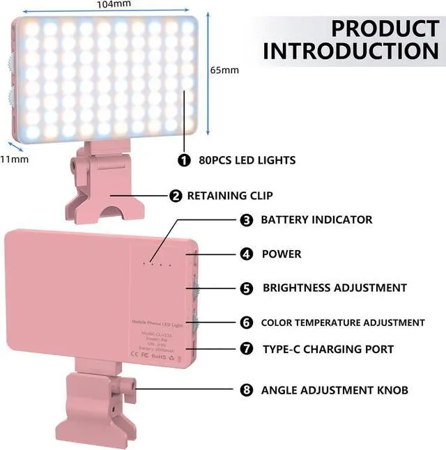 Alt view image 6 of 7 - Pink Selfie Light with Phone Clip 80led Portable Selfie Light with 3 Modes and Infinite Adjustment Modes 2000mah Rechargeable for Phone Laptop Makeup Live Stream