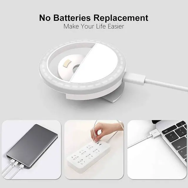 Alt view image 6 of 6 - Mini Selfie Ring Light for Cell Phone Clip-on LED Light for Phone Tablet Laptop Camera Video Lighting Rechargeable 3 Adjustable Light Levels (White)