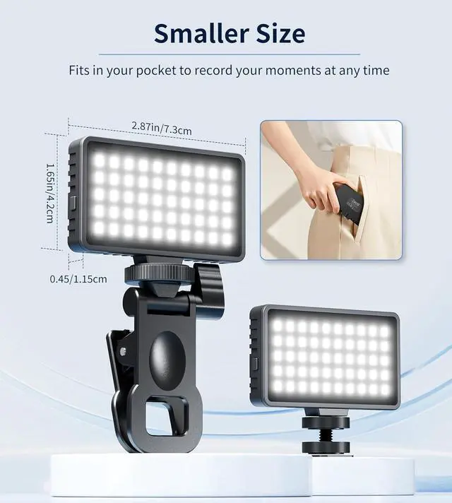 Alt view image 7 of 7 - Small Selfie Phone Light with Metal Hotshoe and Clip 50 LED Portable Rechargeable Single Color Video Light for Phones iPhone Laptops and Cameras Selfie Video Conference TikTok
