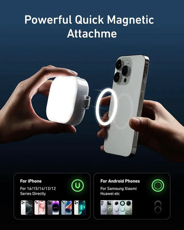 Alt view image 6 of 7 - Magnetic RGB Video Light for Phone/iPhone MagSafe/iPad/Laptop/Camera Selfie Light 360° Full Color CRI 95+/2500-9000K Portable Photography Lighting w Clip 2000mAh Rechargeable