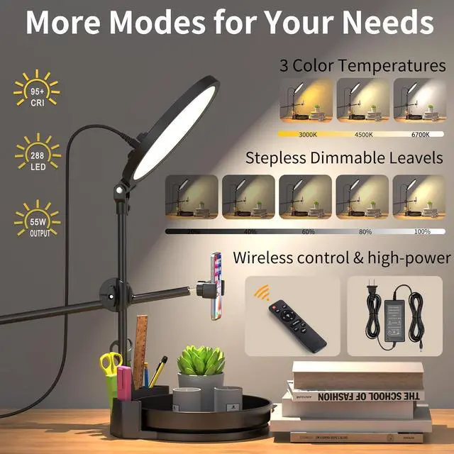 Alt view image 2 of 6 - Desk Ring Light with Stand 55W Dimmable Full Screen Ring Light with Rotating Storage Box Pen Holder Stand Phone Holder&Controller (Black 10.5)