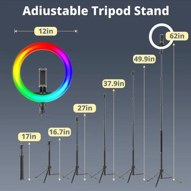 Alt view image 4 of 6 - 12 RGB Selfie Ring Light with 62 Extendable Tripod Stand & Remote LED Light with Phone Holder for Video Recording/Makeup/Content Creator (YouTube/TikTok/Twitch) Phone Camera & Webcam