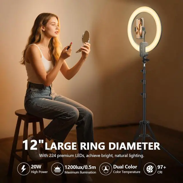 Alt view image 2 of 7 - 12 Selfie Ring Light with 63 Tripod Stand/Phone Holder 20W LED Circle Lights Dimmable 3000-6500K with Remote Control and Built-in Rechargeable Battery for Vlog Makeup YouTube Camera