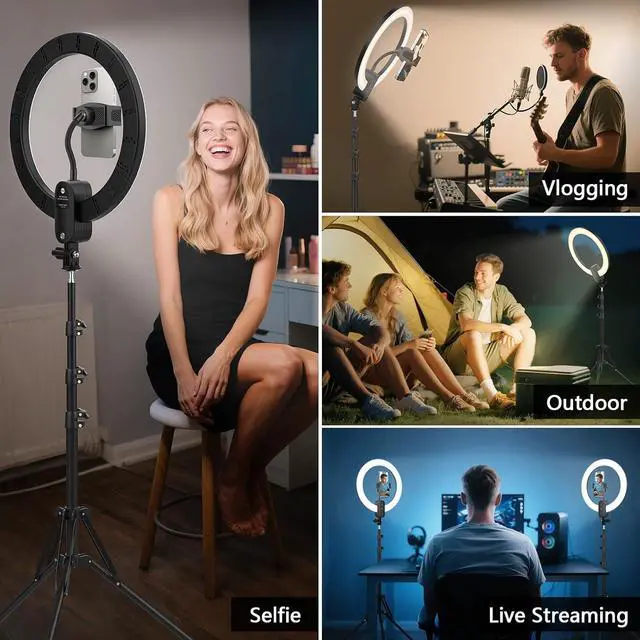 Alt view image 7 of 7 - 12 Selfie Ring Light with 63 Tripod Stand/Phone Holder 20W LED Circle Lights Dimmable 3000-6500K with Remote Control and Built-in Rechargeable Battery for Vlog Makeup YouTube Camera