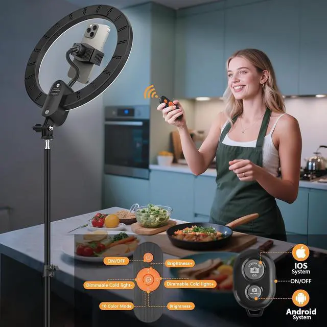 Alt view image 6 of 7 - 12 Selfie Ring Light with 63 Tripod Stand/Phone Holder 20W LED Circle Lights Dimmable 3000-6500K with Remote Control and Built-in Rechargeable Battery for Vlog Makeup YouTube Camera
