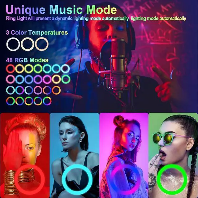 Alt view image 5 of 6 - 12 Selfie Ring Light with 75 Tripod Stand & 2 Phone Holder LED Camera Ringlight with 48 RGB Colors Modes & Musical Rhythm Mode and 12 Brightness Dimmable for TikTok/Makeup/Photography/Vlog