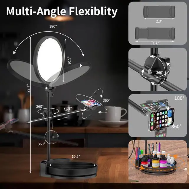 Alt view image 4 of 6 - Desk Ring Light with Stand 55W Dimmable Full Screen Ring Light with Rotating Storage Box Pen Holder Stand Phone Holder&Controller (Black 10.5)