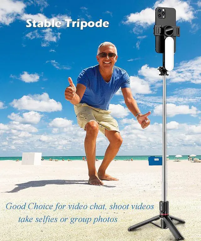 Alt view image 2 of 7 - Selfie Stick Tripod with Light Extendable Selfie Stick with Detachable Wireless Remote Travel Video Phone Tripod Stand with Light Cell Phone Mount Holder Compatible with iPhone Smart Phone Android