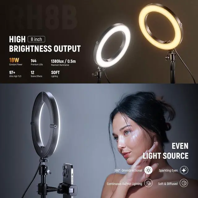 Alt view image 3 of 7 - 8 Desk Ring Light with Stand Circle Selfie Light with Phone Holder for iPhone Streaming Vlogging Video Recording 18W Video Conference Lighting Kit for Laptop Computer Zoom Call Podcast RH8B